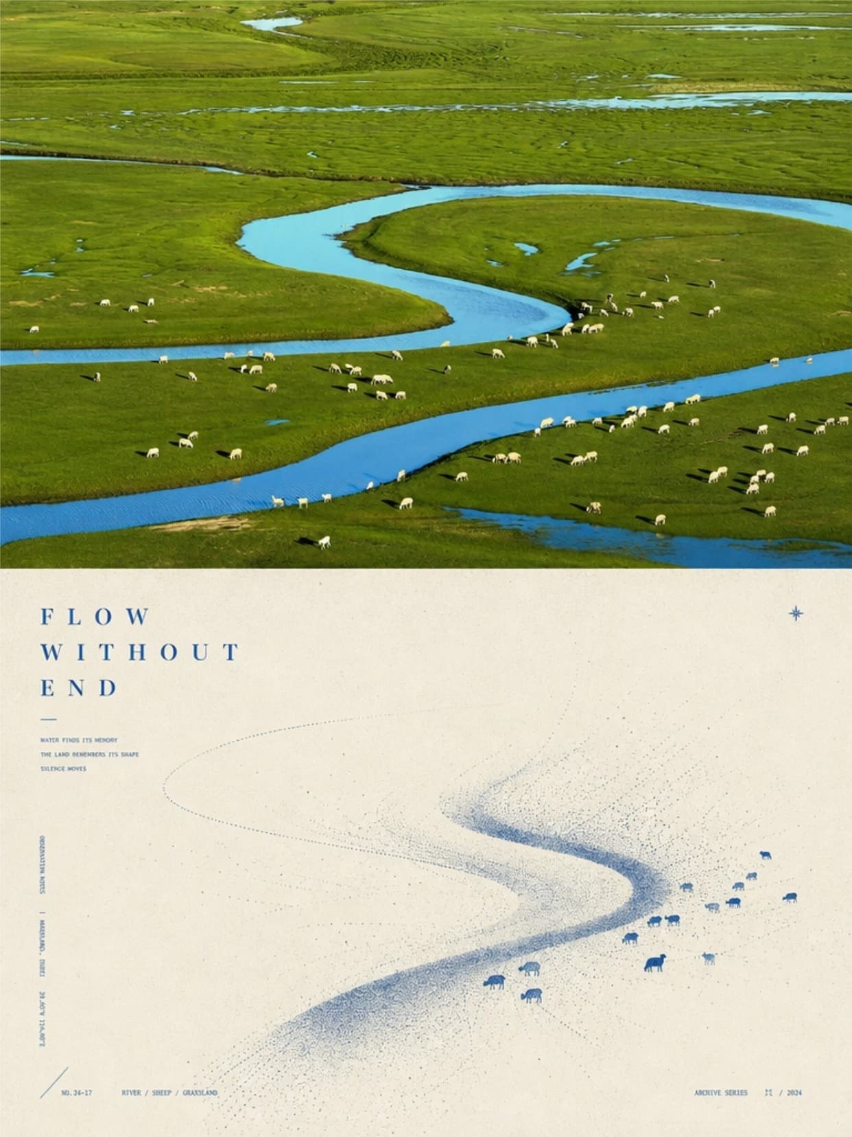 Watercolor postcard of a river winding through grassland, repainted from a real photo