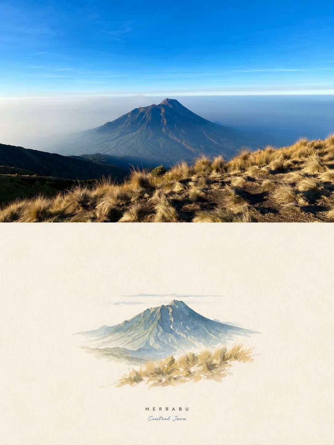 Watercolor postcard of Mount Merbabu, Central Java, Indonesia, repainted from a real photo